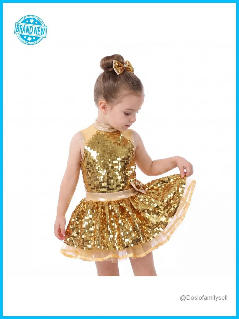 Girls Sequin Dance Costume Tutu Dress with Bow Headpiece